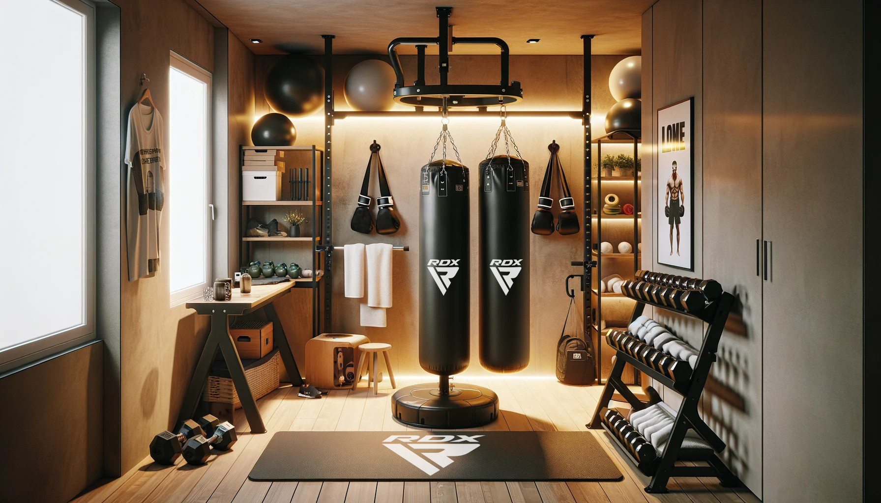 DALL·E 2024-02-12 18.13.49 - A compact home gym designed specifically for a small space, emphasizing boxing and MMA training equipment. The room includes a compact heavy punching  (1).webp