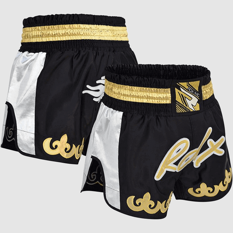 Vente en gros de shorts de combat Muay Thai en satin doré / blanc / noir Fabricant et fournisseur UK Europe USA